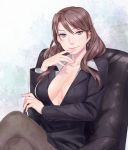  breasts brown_hair chair cleavage crossed_legs earrings esukee fifteen_hounds formal jewelry legs_crossed lips long_hair pantyhose sitting skirt_suit suit 