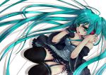  @shimapan aqua_eyes aqua_hair bad_id breasts choker cleavage detached_sleeves dress garter_straps garters gloves hands_on_headphones hatsune_miku headphones long_hair open_mouth panties seiza sitting solo striped striped_panties thigh-highs thighhighs twintails underwear very_long_hair vocaloid 