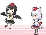  annoyed arms_behind_back black_wings blush chibi geta gift hat holding holding_gift inubashiri_momiji kousyoku kuzugitsune_(inarikami) shameimaru_aya tail tengu-geta tokin_hat touhou tsundere wings wink wolf_ears wolf_tail 