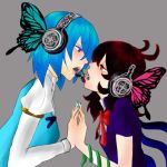 bad_id butterfly butterfly_hair_ornament eye_contact hair_ornament hand_holding hands_together headphones houjuu_nue lips lowres magnet_(vocaloid) multiple_girls nail_polish open_mouth parody profile short_hair simple_background singing tatara_kogasa touhou vocaloid wings yuri yurusugi 