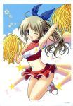  1girl blonde_hair blue_eyes bow character_request cheerleader female impossible_shirt long_hair midriff narumi_yuu pom_poms shoes skirt solo source_request star tagme wink 