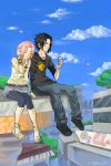  1girl alternate_costume black_hair casual city clouds couple duo earphones female haruno_sakura jeans male naruto pink_hair sandals shared_earphones shoes short_hair shorts sitting skirt sky sneakers spiky_hair tree uchiha_sasuke 