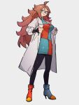  1girl android_21 blue_eyes blue_footwear boots breasts checkered_clothes checkered_dress closed_mouth dragon_ball dragon_ball_fighterz dress full_body glasses grey_background hair_between_eyes kemachiku labcoat long_hair looking_at_viewer medium_breasts red_footwear redhead simple_background smile solo standing 