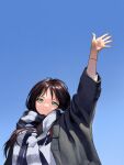  1girl absurdres blue_scarf brown_hair grey_jacket grey_scarf head_tilt highres jacket long_hair looking_at_viewer minj_kim open_hand original photo-referenced scarf sky smile solo striped striped_scarf upper_body waving 