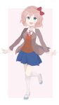  1girl artist_name blazer blue_eyes blue_footwear blue_skirt bow chocomiru closed_mouth doki_doki_literature_club eyebrows_visible_through_hair hair_bow highres jacket light_brown_hair looking_at_viewer mary_janes open_clothes open_jacket open_mouth pink_hair red_bow school_uniform shoes skirt smile socks solo 