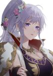  1girl earrings fire_emblem fire_emblem:_genealogy_of_the_holy_war fire_emblem_heroes flower hair_flower hair_ornament highres ishtar_(fire_emblem) jewelry looking_at_viewer necklace pana_(87) ponytail purple_hair simple_background solo violet_eyes 