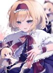  1girl :d alice_margatroid an_(miyoshi_ruu) apron blonde_hair blue_dress blue_eyes blurry blush blush_stickers bow capelet commentary depth_of_field dot_mouth dress eyebrows_visible_through_hair frilled_bow frills headband highres long_hair looking_at_viewer puppet_strings red_bow red_headband shanghai_doll short_hair short_sleeves smile solo touhou waist_apron white_capelet wrist_cuffs 