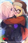  2girls alligator bangs black_gloves blonde_hair blue_skirt blush breasts brown_headwear crocodilian echo_(circa) fate/grand_order fate_(series) glasses gloves hair_over_one_eye hat jacket large_breasts light_purple_hair long_sleeves looking_at_viewer mash_kyrielight medium_breasts multiple_girls one_eye_closed open_clothes open_jacket open_mouth paul_bunyan_(fate) red_jacket scarf short_hair skirt smile super_bunyan_(fate) super_bunyan_(first_ascension)_(fate) violet_eyes white_scarf yellow_eyes 