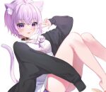  1girl :3 :d alternate_hair_length alternate_hairstyle animal_ear_fluff animal_ears bare_legs blush cat_ears cat_girl cat_tail collar commentary_request eyebrows_visible_through_hair hololive long_sleeves looking_at_viewer neck_ribbon negima_(le_ne38) nekomata_okayu purple_hair ribbon shirt short_hair simple_background sleeves_past_fingers sleeves_past_wrists smile solo tail violet_eyes virtual_youtuber w white_background white_shirt 