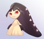  1other arms_at_sides bangs black_hair black_skin blue_background blunt_bangs closed_mouth colored_skin commentary_request enden_(pixiv_57969220) extra_mouth full_body gradient gradient_background highres long_hair looking_up mawile multicolored_skin other_focus pokemon pokemon_(creature) red_eyes sharp_teeth simple_background standing teeth two-tone_skin yellow_skin 