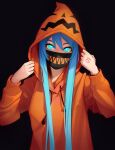  1girl absurdres adjusting_clothes black_background blue_eyes blue_hair bright_pupils eximmetry hair_between_eyes hand_tattoo hatsune_miku highres hood hood_up hoodie long_hair looking_at_viewer mask mouth_mask orange_hoodie simple_background solo tattoo upper_body very_long_hair vocaloid white_pupils 
