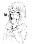  1girl apple apple_(suikoden) blush breasts food fruit gensou_suikoden gensou_suikoden_ii glasses greyscale half-closed_eyes hand_on_own_chin monochrome open_mouth sakai_(motomei) short_hair simple_background smile solo twitter_username white_background 