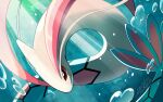  air_bubble ayasaka_saaya black_eyes bright_pupils bubble colored_sclera commentary_request light_rays looking_down milotic no_humans pokemon pokemon_(creature) red_sclera signature solo underwater white_pupils 