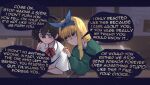  2girls absurdres ahoge bangs blind_girl_(popopoka) blonde_girl_(popopoka) blonde_hair blue_bow blue_bowtie blue_eyes blue_hairband blurry blurry_background bow bowtie chair classroom collared_shirt crazy english_commentary english_text frown green_sweater hair_between_eyes hairband highres indoors long_hair long_sleeves multiple_girls musical_note original popopoka red_bow red_bowtie shirt short_sleeves speech_bubble sweater table teeth white_shirt 