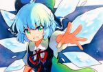  1girl blue_bow blue_dress blue_eyes blue_hair blush_stickers bow cirno collared_shirt detached_wings dress eyebrows_visible_through_hair fairy hair_between_eyes hair_bow highres ice ice_wings open_mouth puffy_short_sleeves puffy_sleeves qqqrinkappp shirt short_hair short_sleeves smile solo touhou traditional_media upper_body white_shirt wings 
