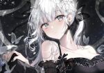  1girl bangs bare_shoulders black_dress black_nails blunt_bangs braid breasts bug butterfly collarbone dress earrings frilled_dress frills grey_eyes hair_ornament highres jewelry long_hair looking_away original parted_lips solo taya_oco white_butterfly white_hair 