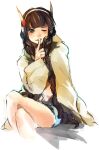  1girl bangs black_hair blue_eyes blush collarbone elesa_(pokemon) headphones hime_cut index_finger_raised jacket looking_at_viewer one_eye_closed open_clothes open_jacket open_mouth pokemon pokemon_(game) pokemon_bw2 rui_(kyaptan) short_hair_with_long_locks sitting smile yellow_jacket 