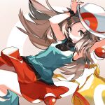  1girl arms_up bag brown_eyes brown_hair english_commentary hat leaf_(pokemon) lillin long_hair looking_at_viewer open_mouth poke_ball pokemon pokemon_(game) pokemon_frlg red_skirt shirt simple_background skirt sleeveless sleeveless_shirt solo two-tone_background white_headwear 