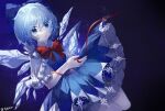  1girl :o artist_name blue_background blue_bow blue_dress blue_eyes blue_hair bow bowtie cirno collared_shirt commentary cowboy_shot dress frilled_shirt_collar frilled_sleeves frills gradient gradient_background hair_between_eyes hair_bow highres ice ice_wings kuchuanleikan lace looking_at_viewer open_mouth puffy_short_sleeves puffy_sleeves red_bow red_bowtie red_ribbon ribbon shirt short_hair short_sleeves simple_background solo touhou white_shirt wings 