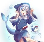  1girl animal_hood bangs blue_eyes blue_hoodie blue_nails claw_pose fangs fish_tail gawr_gura grey_hair highres hololive hololive_english hood hoodie long_sleeves looking_at_viewer medium_hair multicolored_hair open_mouth plus_no_p shark_hood shark_tail smile solo tail virtual_youtuber 