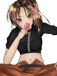  1girl animification apex_legends bangs belt black_belt breasts brown_eyes brown_hair brown_pants brown_shirt chewing_gum clenched_hand eyebrow_cut hand_on_own_knee head_tilt medium_breasts midriff navel pants rampart_(apex_legends) shirt solo white_background yuito_nineteen 