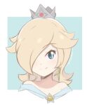  1girl artist_name blonde_hair blue_background blue_dress blue_eyes border chocomiru closed_mouth crown dress earrings eyebrows_visible_through_hair hair_over_one_eye jewelry long_hair looking_at_viewer lowres rosalina smile solo super_mario_bros. super_mario_galaxy super_mario_galaxy_2 upper_body 