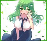  1girl bangs bare_shoulders blue_skirt blush border breasts collared_shirt eyebrows_visible_through_hair eyelashes frog_hair_ornament green_border green_eyes green_hair hair_between_eyes hair_ornament hair_tubes hand_up highres kochiya_sanae konnoinari large_breasts leaf looking_at_viewer one-hour_drawing_challenge open_mouth shirt signature skirt sleeveless sleeveless_shirt smile snake_hair_ornament solo sparkle touhou white_background white_shirt 