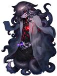  1girl black_hair chain_paradox full_body guro hetza_(hellshock) holding holding_syringe labcoat looking_at_viewer monster_girl red_eyes sharp_teeth smile solo syringe teeth tentacle_hair transparent_background 