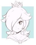  1girl artist_name blue_background border chocomiru closed_mouth crown dress earrings eyebrows_visible_through_hair jewelry long_hair looking_at_viewer lowres monochrome rosalina sketch smile solo super_mario_bros. super_mario_galaxy super_mario_galaxy_2 tiara unfinished upper_body 