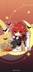  1boy alternate_costume ascot chibi cup diluc_(genshin_impact) drinking_glass genshin_impact highres holding holding_cup looking_at_viewer low_ponytail official_art paimon_genshin7 pointy_ears pumpkin red_eyes redhead sitting vampire_costume white_ascot 