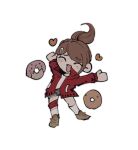  1girl asahina_aoi bangs blush brown_hair chibi closed_eyes danganronpa:_trigger_happy_havoc danganronpa_(series) doughnut facing_viewer food hair_ornament hairclip happy heart jacket kneehighs long_sleeves open_clothes open_jacket open_mouth red_jacket sema_(vivaviva_02) short_hair smile solo 