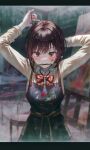  1girl apron arms_behind_head arms_up blurry blurry_background blush bow bowtie brown_hair brown_jacket collared_shirt commentary_request eyebrows_visible_through_hair grey_shirt hair_bow highres indoors jacket mouth_hold paint paint_splatter pencil project_sekai red_bow red_bowtie red_eyes shinonome_ena shiny shiny_hair shirt solo standing stool striped striped_bow striped_bowtie tears tokkyu tying_hair upper_body 