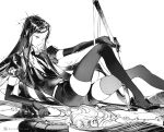  1other androgynous beads belt bort dated elbow_gloves feet_out_of_frame gem_uniform_(houseki_no_kuni) gloves greyscale hand_on_own_face hand_on_own_knee highres holding holding_sword holding_weapon houseki_no_kuni knees_up long_hair looking_away monochrome outstretched_arm profile puffy_short_sleeves puffy_sleeves reclining ribbon shoes short_sleeves shorts simple_background skindentation solo sparkle string suzumi_(ccroquette) sword thigh-highs very_long_hair weapon 