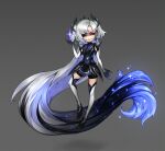  1girl absurdly_long_hair bangs black_dress black_hair black_shorts blue_hair closed_mouth detached_sleeves dress edg_zoe english_commentary gradient gradient_background grey_background grey_hair grey_legwear hair_ornament hand_up heterochromia highres league_of_legends long_hair multicolored_hair pink_eyes shorts simple_background smile solo thigh-highs very_long_hair vladbacescu zoe_(league_of_legends) 