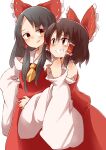  2girls bangs benikurage_(cookie) black_hair blush bow brown_eyes brown_hair commentary cookie_(touhou) detached_sleeves dress eyebrows_visible_through_hair foot_out_of_frame frilled_bow frilled_shirt_collar frills grin hair_bow hakurei_reimu highres long_hair looking_at_another multiple_girls necktie open_mouth red_bow red_dress red_shirt red_skirt sananana_(cookie) shirt short_hair simple_background skirt sleeveless sleeveless_dress smile touhou white_background white_sleeves yellow_necktie yumekamaborosh 