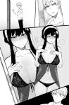 1boy 1girl blush breasts door greyscale hairband highres large_breasts looking_to_the_side monochrome navel nightgown panties ratatatat74 short_hair sleepwear spy_x_family twilight_(spy_x_family) underwear yor_briar