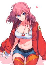  1girl aina_ardebit asymmetrical_legwear belt_pouch blue_eyes crop_top cropped_jacket gloves highres midriff navel pink_hair pouch promare red_legwear short_hair shorts side_ponytail smile suspenders takatsuki_ichi thigh-highs uneven_legwear white_gloves 