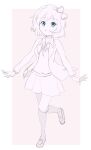  1girl artist_name blue_eyes border bow breasts chocomiru closed_mouth doki_doki_literature_club full_body highres long_sleeves looking_at_viewer mary_janes medium_breasts monochrome pink_background sayori_(doki_doki_literature_club) school_uniform shoes sketch skirt smile solo unfinished wavy_hair white_border 