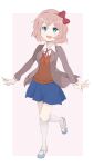  1girl artist_name blazer blue_eyes blue_footwear blue_skirt bow chocomiru closed_mouth doki_doki_literature_club eyebrows_visible_through_hair hair_bow highres jacket light_brown_hair looking_at_viewer mary_janes open_clothes open_jacket open_mouth pink_hair red_bow sayori_(doki_doki_literature_club) school_uniform shoes skirt smile socks solo 