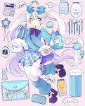  1girl :3 arms_up artist_name bag bangs blue_eyes bow bow_legwear cinnamoroll closed_mouth collared_shirt gyaru hair_bow hair_ornament hairclip highres holding holding_bag humanization isosceless leg_warmers long_hair long_sleeves looking_to_the_side makeup mary_janes milk_carton miniskirt plaid plaid_skirt platform_footwear pleated_skirt sanrio shirt shoes shoulder_bag skirt sleeves_past_wrists smile solo standing standing_on_one_leg stationery sweater thermos thigh-highs twintails very_long_hair white_hair wing_hair_ornament zettai_ryouiki 