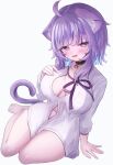  1girl absurdres ahoge animal_ear_fluff animal_ears bangs blush breasts cat_ears cat_girl cat_tail collar eyebrows_visible_through_hair hair_between_eyes higashigure highres hololive long_sleeves looking_at_viewer navel nekomata_okayu open_mouth purple_hair shirt short_hair smile solo tail thick_thighs thighs violet_eyes virtual_youtuber 