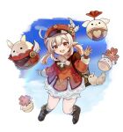  1girl 4b_(sabi3238) :d ahoge backpack bag bag_charm bangs bloomers blue_sky boots brown_footwear brown_gloves brown_scarf cabbie_hat charm_(object) clouds cloudy_sky clover_print coat commentary_request dodoco_(genshin_impact) eyebrows_visible_through_hair full_body genshin_impact gloves hair_between_eyes hat hat_feather hat_ornament jumpy_dumpty klee_(genshin_impact) knee_boots kneehighs light_brown_hair long_hair long_sleeves looking_at_viewer low_twintails orange_eyes pocket pointy_ears rainbow randoseru red_coat red_headwear scarf sidelocks sky smile solo twintails underwear waving 