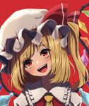  1girl :d ascot bangs blonde_hair blush crystal eyebrows_visible_through_hair flandre_scarlet frilled_shirt_collar frills hat hat_ribbon head_tilt highres looking_at_viewer mob_cap one_side_up open_mouth puffy_short_sleeves puffy_sleeves red_background red_eyes red_ribbon red_vest ribbon shirt short_sleeves simple_background smile solo teeth tongue totoraisu touhou upper_body upper_teeth vest white_headwear wings 