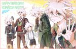  5boys animal bag bangs black_jacket black_pants black_shorts breast_pocket brown_pants buttons character_name closed_mouth collared_shirt commentary_request danganronpa:_trigger_happy_havoc danganronpa_(series) danganronpa_3_(anime) dated green_jacket green_vest grey_hair hand_up holding hood hood_down hooded_jacket jacket komaeda_nagito looking_at_viewer mechanical_arms medium_hair messy_hair multiple_boys multiple_persona necktie open_clothes open_jacket pants pocket ppap_(11zhakdpek19) print_shirt red_necktie red_vest shirt shorts shoulder_bag single_mechanical_arm smile suspenders vest white_shirt younger 