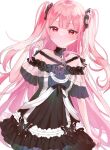  1girl black_dress commentary detached_collar dress gothic_lolita hololive lolita_fashion long_hair looking_at_viewer negima_(le_ne38) off-shoulder_dress off_shoulder pink_hair red_eyes simple_background skull_brooch solo two_side_up uruha_rushia virtual_youtuber white_background 