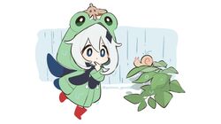  1girl alternate_costume animal_hood black_scarf blue_eyes boots chibi frog_hood frog_raincoat genshin_impact hair_ornament highres hood leaf mechanical_halo official_art paimon_(genshin_impact) paimon_genshin7 rain raincoat red_footwear rubber_boots scarf short_hair snail white_hair 