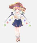  1girl bare_shoulders black_skirt blonde_hair blush commentary dot_mouth eyebrows_visible_through_hair flandre_scarlet flower hat hiyuu_(hiyualice) pink_flower puffy_short_sleeves puffy_sleeves red_eyes shirt shoes short_hair short_sleeves skirt socks solo star_(symbol) touhou white_legwear white_shirt wings 