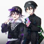  2boys alternate_costume bangs baseball_cap beanie black_hair black_headwear black_jacket black_pants black_sweater brown_eyes candy checkered_clothes checkered_scarf danganronpa_(series) danganronpa_v3:_killing_harmony food gradient gradient_background grey_background hair_between_eyes hair_ornament hairclip hat highres holding holding_candy holding_food holding_lollipop hood hood_down jacket jewelry lollipop long_sleeves looking_at_viewer lysm425 male_focus multiple_boys necklace open_mouth ouma_kokichi pants pink_eyes saihara_shuuichi scarf short_hair simple_background sweater 