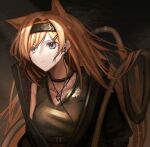  1girl absurdres animal_ears arknights bangs black_background black_choker black_hairband black_jacket blonde_hair blue_eyes choker commentary grey_shirt hair_ornament hairband hairclip highres horn_(arknights) jacket jewelry long_hair necklace senakira shirt sleeveless sleeveless_shirt solo upper_body wolf_ears 