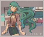  1girl aqua_eyes aqua_hair belt blue_shorts brown_shirt clothing_cutout cowboy_shot earrings grey_background hatsune_miku heart_a_la_mode_(vocaloid) highres jewelry long_hair looking_at_viewer naeta_ta road scrunchie shirt shorts shoulder_cutout smile solo song_name twintails urban very_long_hair vocaloid wrist_scrunchie 